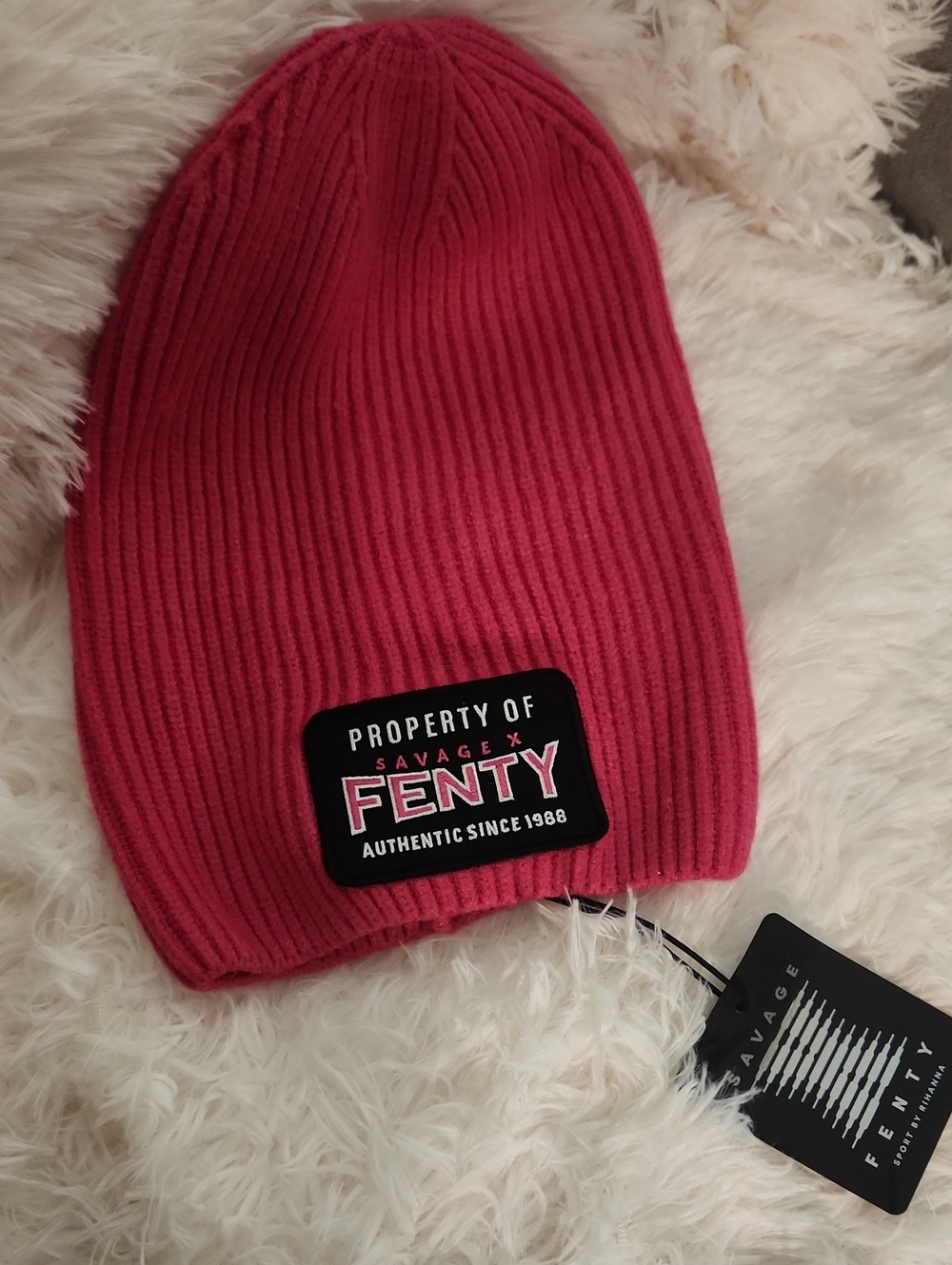 Savage X Fenty Hot Pink Ribbed Beanie with Logo Patch